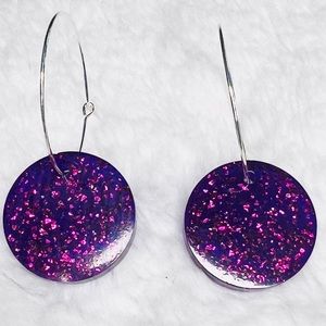 Sparkling Purple Glitter Resin Circle Disc Pendant Hoop Earrings